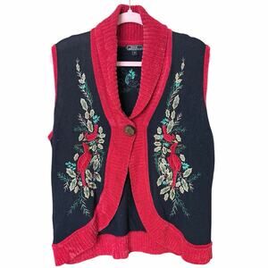 Vintage cotton ramie holiday winter sweater vest gay cardinals Holly berry large